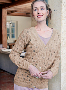 Gilet femme encolure V motifs feuilles ajourées